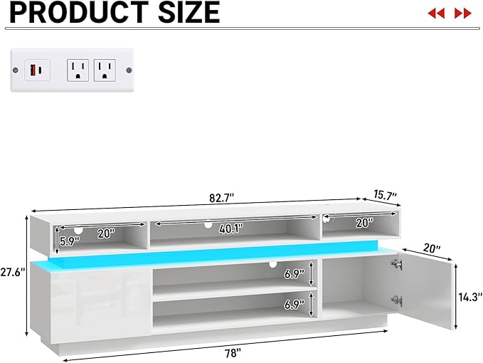 chartustriable LED TV Stand for 95 Inch TV, Modern Tall Entertainment Center with Power Outlets, High Gloss TV Stand, Gaming TV Media Console for Living Room, 83 Inch, White