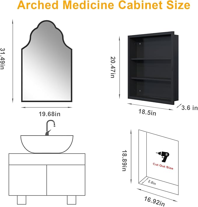 20"x32" Irregular Medicine Cabinet with Mirror, Recessed or Surface Mount Black Arched Medicine Cabinet for Bathroom, Artistic Decorative Mirror with Storage, Full Metal, Easy Installation