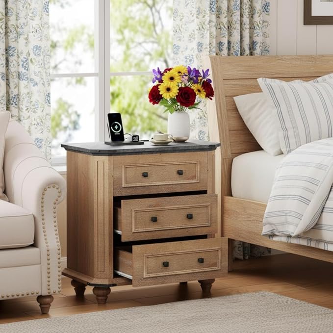 DWVO 29" Wide Nightstand with Charging Station, Farmhouse Bedside Table with 3 Drawers, Wood Night Stand w/Storage, Rustic Bed Side End Table for Bedroom Dorm Small Space, Brown