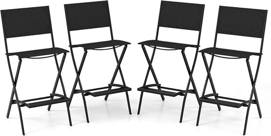 COSTWAY Outdoor Patio Bar Chair Set of 4, Folding Counter Height Stool with Metal Frame & Footrest, Patio Bar Stool for Balcony, Garden & Poolside (4, Black)