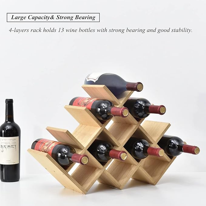 KIRIGEN 13-Bottle Wine Rack, 4-Tier Solid Wood Countertop Wine Holder, Freestanding Bottle Storage Shelf for Kitchen, Bar, Cabinet, Pantry, 22.28 x 5.9 x 13.9 in, XHJJ4-NA