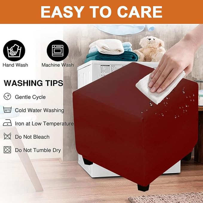 Waterproof Ottoman Cover Square Stretch PU Soft Folding Storage Ottoman Cover with Elastic Bottom Cube Footrest Foot Stool Slipcovers Machine Washable(Medium/Wine red)