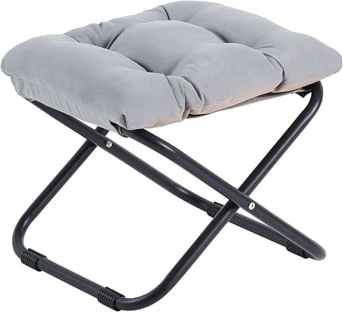 Welnow Folding Foot Stool, Upholstered Small Accent Ottoman with Detachable Thick Cotton Cushion, Padded Sofa Stool with Straight Metal Legs for Lazy Chair, Living Room, Bedroom, Light Grey