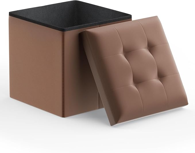 Magshion Folding Ottoman Cube, 15 x 15 x 15 Inches PU Leather Footrest Stool, Small Square Ottoman with Hidden 42L Storage for Entryway, Living Room, Dorm, Bedroom, Brown