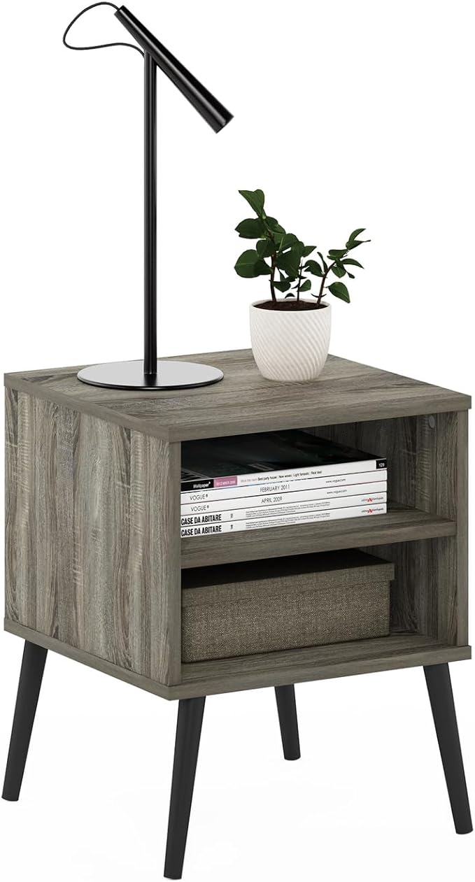 Furinno Claude Mid Century Style Nightstand with Wood Legs, 15.55 (D) x 15.55 (W) x 20.16 (H) inches, French Oak Grey