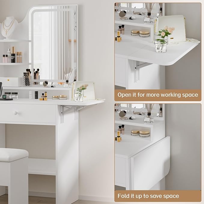 FUXA Small Vanity with Chair, Makeup Vanity Desk with LED Mirror and 3 Light Modes, Girls Vanity Set with Charging Station, Compact Vanity Table with Foldable Top for Small Spaces, White