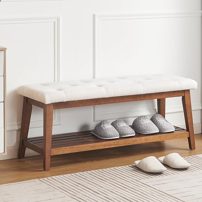 kinmars Upholstered Bench for Bedroom End of Bed,42.5-inch Entryway Bench for Living Room,Dining Bench with Padded Seat and Solid Wood Leg for Kitchen Bedroom,Indoor and Hallway (Shoe Bench, Beige)