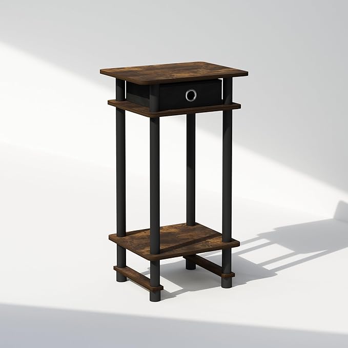 Furinno Turn-N-Tube Tall Nightstand with Bin, 1-Pack, Plastic Poles, Amber Pine/Black