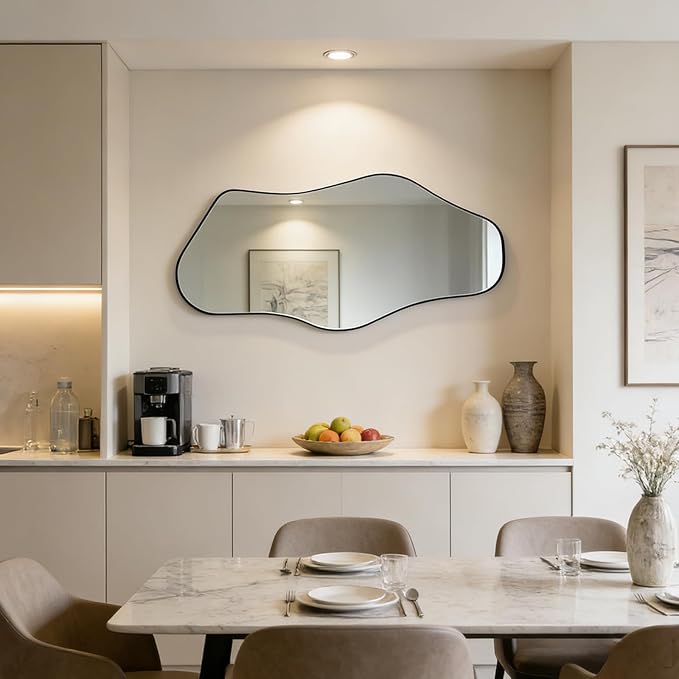 Irregular Wall Mirror, 47"x25" Asymmetrical Aesthetic Mirror with Metal Frame, Modern Organic Mirrors for Living Room Bathroom Bedroom Hallway Entryway, Horizontal or Vertical Hanging