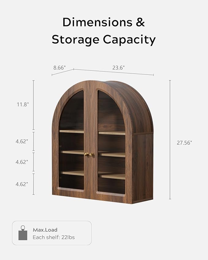 EYYTHUNG Fluted Arched Wall Cabinet, Large Wood Bathroom Medicine Cabinet Wall Mounted Cupboard, Modern Floating Storage Cabinet with Acrylic Door Adjustable Shelf, Organizer, Brown-Oak