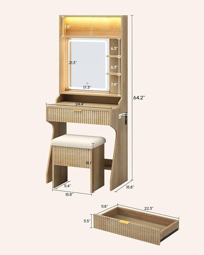 HAUOMS Small Vanity Desk with Mirror and Lights, Sound Sync LED Lights, Fluted Wood Compact Makeup Vanity Table Set with Teddy Fleece Chair, Storage Drawer, Shelves, Bedroom (Oak)