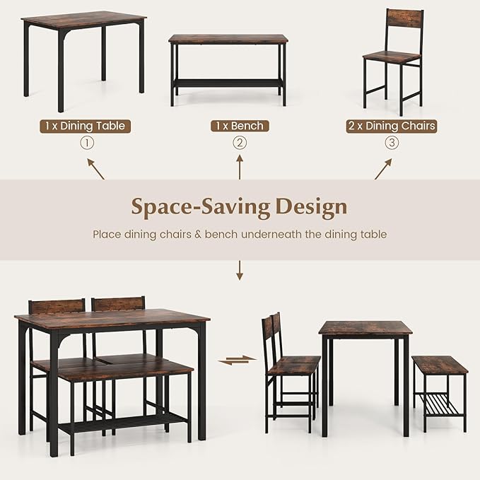 COSTWAY Dining Table Set for 4, Rectangular Kitchen Table Set with Bench and 2 Chairs, Storage Rack & Metal Frame, 4-Piece Dining Room Table and Chairs Set for Small Space, Apartment (Coffee)