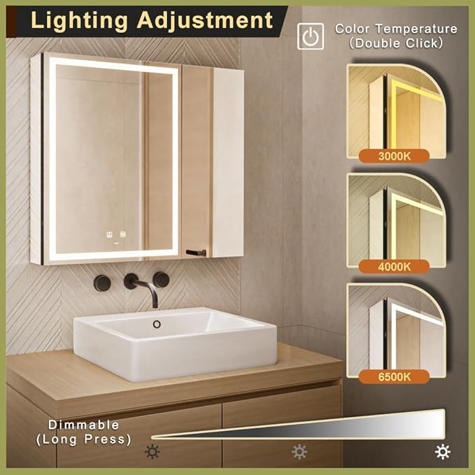 GANPE LED Lighted Bathroom Medicine Mirror Cabinet with Sockets & USBs, Anti-Fog Dimmable Light and Color Adjustment, Easy to Install Aluminum Cabinet (30 * 28 Two-Door)