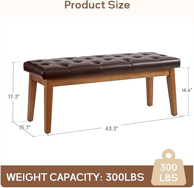 HUIMO Bedroom Bench End of Bed, Upholstered Dining Bench for Kitchen, Button-Tufted Entry Bench, PU Ottoman Bench for Living Room, Entryway (PU-Brown)
