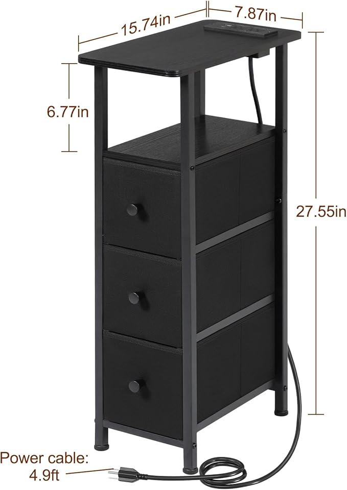 LOAKEKEL Narrow End Tables Living Room Set of 2 with Charging Station, Skinny Side Table with Fabric Drawers, Slim Nightstand for Bedroom, Small Spaces, Couch, Black, HETNDP03BK