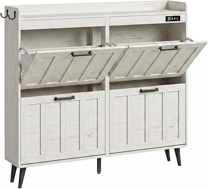 ChooChoo Shoe Storage Cabinet with 4 Flip Drawers, Deodorizing Shoe Organizer Storage for Entryway, Freestanding Hidden Slim Narrow Shoe Rack Cabinet, Antique White