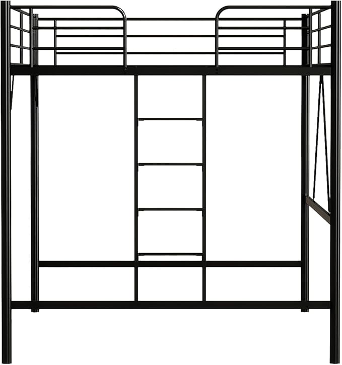 VINGLI Queen Loft Bed with Flat Rungs for Adults, Kids and Young Teens, No Box Spring Required,Heavy Duty Metal Slat Support, Black