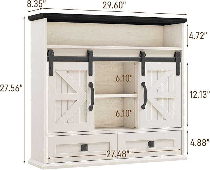 Vabches Bathroom Wall Cabinet, Farmhouse Medicine Cabinet with Double Sliding Barn Door and Storage Drawer, Wooden Vintage Storage Cabinet Wall Mounted for Bathroom, Kitchen, Rustic White and Black
