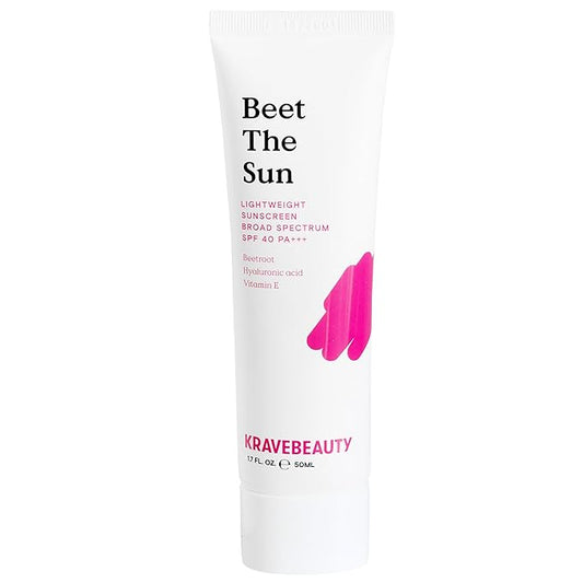 KraveBeauty Beet The Sun Lightweight Sunscreen SPF 40 PA+++, Broad Spectrum Facial Sunscreen with Beet Root Extract & Hyaluronic Acid, Non-Greasy Daily SPF Lotion for Face, Fragrance Free, 50 mL