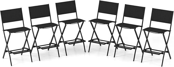 COSTWAY Outdoor Patio Bar Chair Set of 6, Folding Counter Height Stool with Metal Frame & Footrest, Patio Bar Stool for Balcony, Garden & Poolside (6, Black)