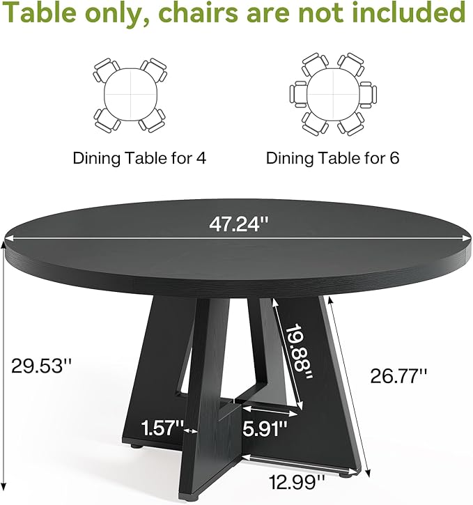 LITTLE TREE Round Dining Table for 4-6 People, 47 Inches Dining Room Table with Wooden Pedestal Base, Black Dinner Tables, Circle Kitchen Tables for Dining Room, Kitchen, Living Room