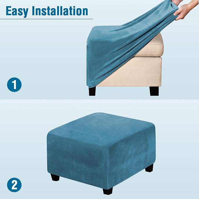 H.VERSAILTEX Square Ottoman Covers Ottoman Slipcover Square Footstool Protector Covers Storage Stool Ottoman Covers Stretch with Elastic Bottom, Feature Real Velvet Plush Fabric, Peacock Blue