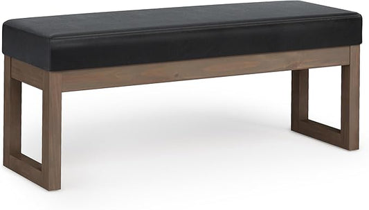 SIMPLIHOME Milltown Large Ottoman Bench - 44 inch Wide Upholstered Vegan Leather Rectangle Footstool Ottoman in Midnight Black, Contemporary Bench for Bedroom with Cushioned Seat, Assembled