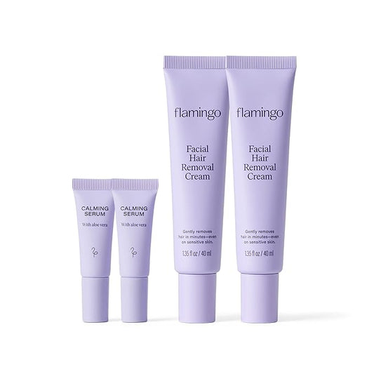 Flamingo 女性用 顔用除毛クリーム 鎮静セラム入り - （2個パック）各40ml - 顎、上唇、もみあげの毛を除去
