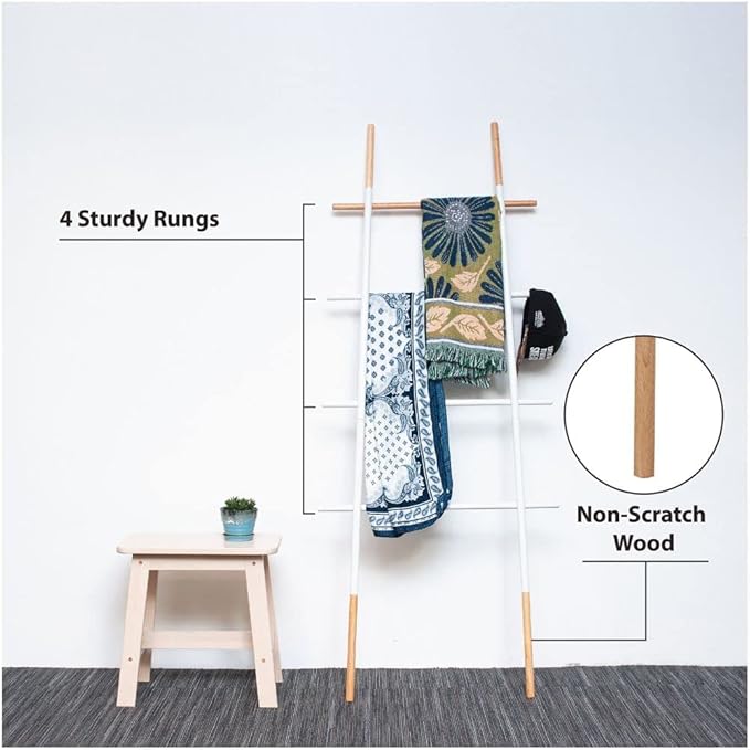 Freestanding Towel Ladder Rack, Space Saving, No-Scratch Wood, for Household Use, White