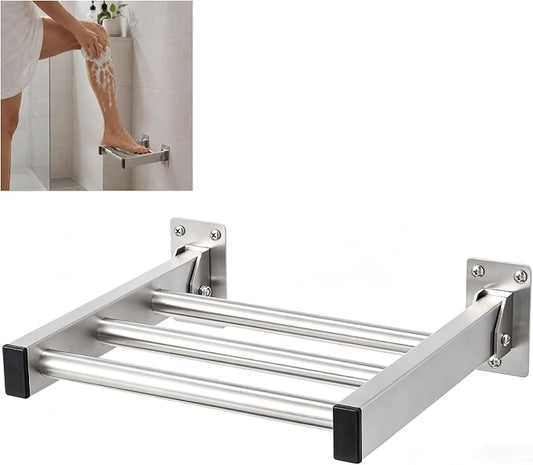 Hicarer Shower Foot Rest Wall Mount Folding Shower Pedestal Ledge 9" x 8" Brushed Finish 304 Stainless Steel Foot Rest Supports 200 Lbs for Safe Leg Shaving, Feet Washing & Bathroom Comfort