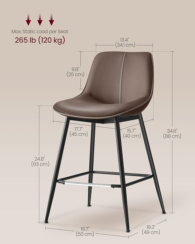 VASAGLE Bar Stools Set of 4, Counter Height Bar Stools with Back, Ergonomic Backrest, Synthetic Leather, Metal Legs, 24.8-Inch Tall Barstools for Kitchen Island Home Bar, Easy Assembly, Coffee Brown