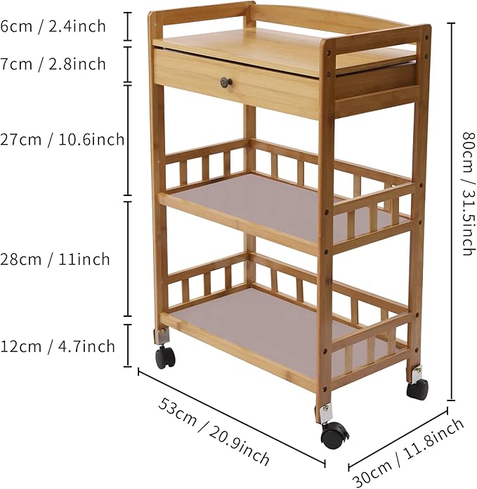 Bamboo Home Kitchen Island Trolley with Storage Drawer Stand 3 Tiers Shelves Cart Mobile Kitchen Utility Cart Storage Shelf Rack for Dining Room