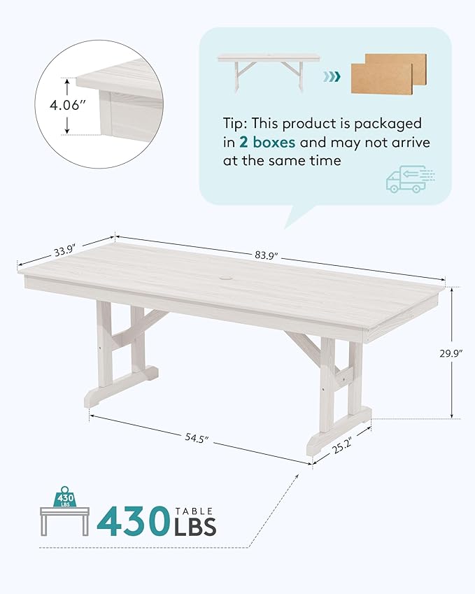 SERWALL Outdoor Large HDPE Dining Table, 84" Rectangular Dining Table for 6-8 Person, All Weather HDPE Outdoor Furniture for Backyard, Garden, White