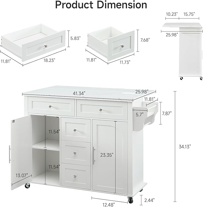 ONBRILL 47" Kitchen Island with 2 Storage Cabinets & 5 Drawers, Mobile Island Table for Kitchen with Imitation Marble Drop Leaf, Rolling Island Cart with Power Outlet & Spice Rack & Towel Rack, White