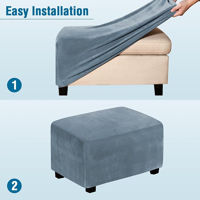 H.VERSAILTEX Real Velvet Plush 1 Piece Form Fit Stretch Rectangle Folding Storage Covers Ottoman Slipcovers Removable Footstool Protect Footrest Covers Elastic Bottom Washable(Large, Stone Blue)