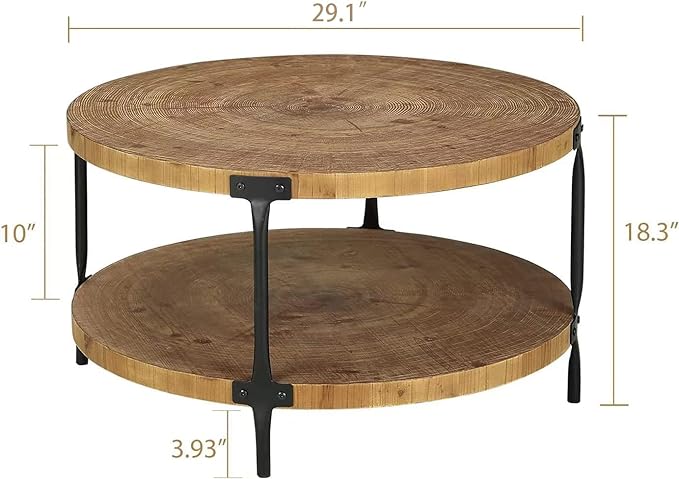 Awescuti Round Boho Wood Coffee Table - 29.1" Farmhouse Natural Circle Wooden 2-Tier Coffee Tables Living Room Furniture, 29.1" D x 18.3" H, Natural Wood Color