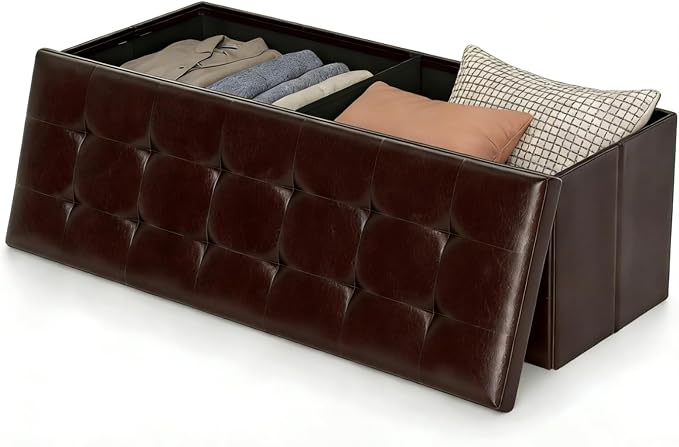 Folding Storage Ottoman Bench, 45" Large Ottoman Space-Saving Bench,Faux Leather Storage Chest with Memory Foam,Footrest Padded Stool Seat for Bedroom Toy Chest, Brown,Leather