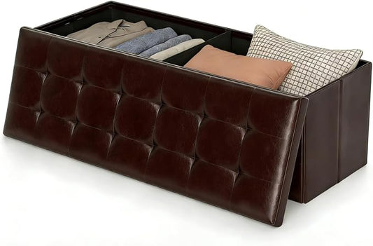 Folding Storage Ottoman Bench, 45" Large Ottoman Space-Saving Bench,Faux Leather Storage Chest with Memory Foam,Footrest Padded Stool Seat for Bedroom Toy Chest, Brown,Leather