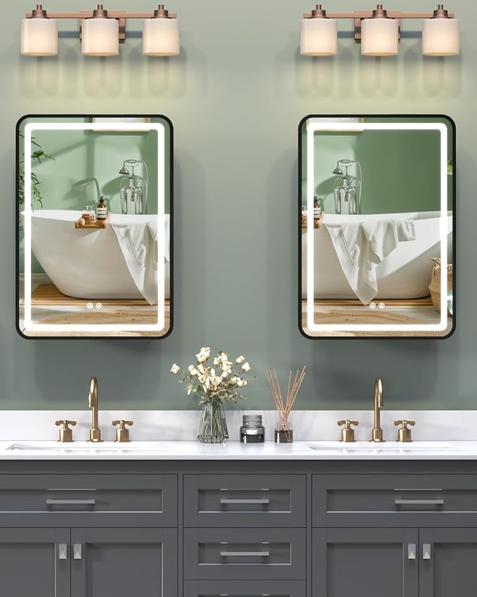 16x24 Inch LED Medicine Cabinet Mirror, Bathroom Mirror with Lights and Storage Wall Mounted & Recessed with Anti-Fog, Dimmable 3 Color Light with Memory, 2 Shelves & 1 Organizer Box, Left Hinge