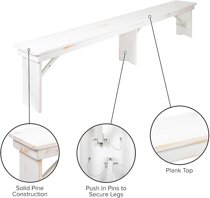 Flash Furniture Hercules Commercial Grade Farmhouse 3 Leg Bench - Solid Pine Foldable Bench with Seating for 4 - 8'x12" - Antique Rustic White