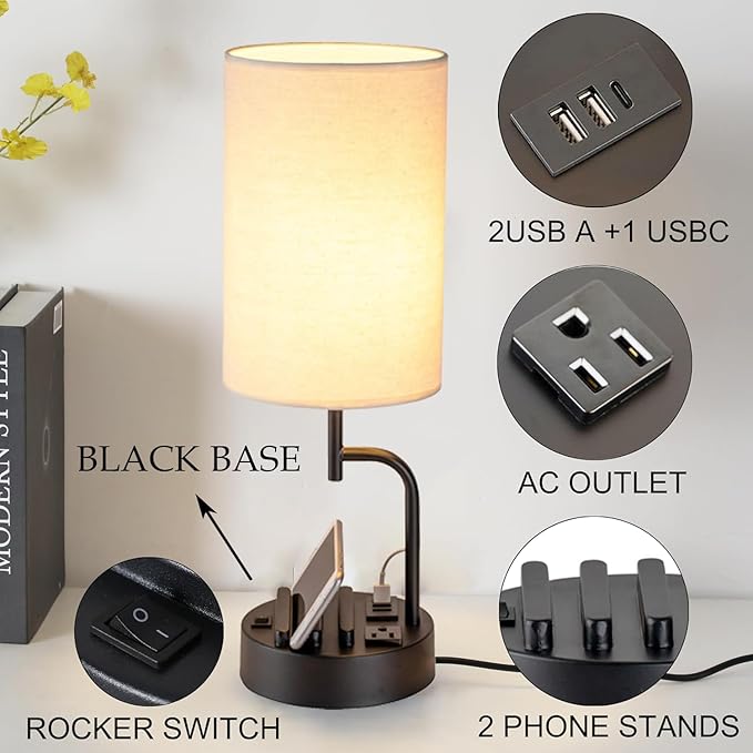 Dreamholder Table Lamp with 3 USB Charging Ports, Modern Desk Lamp with AC Outlet and Phone Stands, Perfect Bedside Lamp for Bedroom, Living Room, Office (Pack of 2), Cream