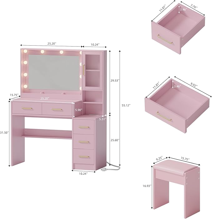 Makeup Vanity with Lights & Charging Station, Pink Vanity Table with 5 Drawers & Open Storage Shelves, Vanity Desk with Mirror & Lights, Dressing Table Set, Bedroom Makeup Table Set Gold Handle
