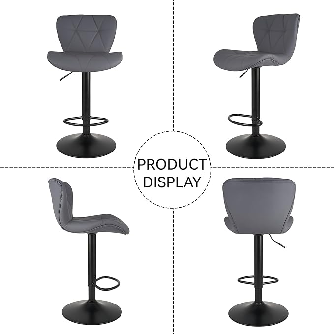 Nalupatio Modern Bar Stools Set of 2, Adjustable Faux Leather Upholstered Swivel Bar Stools, Counter Height Bar Chairs with Back for Kitchen Island, Dark Grey