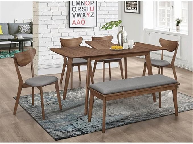 MAKLAINE 6-Piece Wood Dining Room Set, Natural Walnut Finish, Gray Upholstered Seats, Solid Asian Hardwood, Mid-Century Modern Design, Includes Table, 4 Chairs, Bench, Family Dining Room Furniture