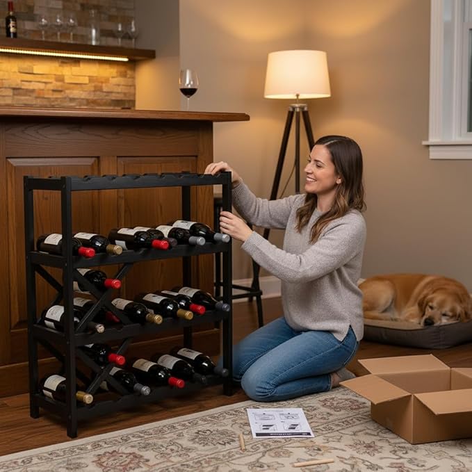 NutriChef 72 Bottle Wine Rack Stackable Bamboo Freestanding, 8-Tier Modular Shelf, Sturdy Wobble Free, Upgraded 2026 Design, Easy No-Tool Assembly for Kitchen, Cellar or Bar 33.5" x 10" x 41" (Black)