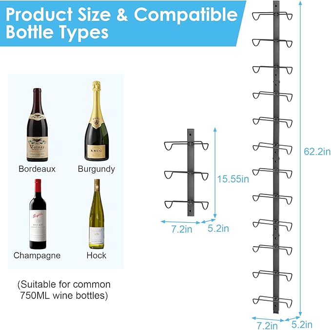 Sonyabecca 9 Bottle Wall Wine Rack - DIY Detachable Wine Storage Organizer, Wall Mount Used As One or Three, Bottle Display Holder for Kitchen, Pantry, Dining Room, Bar, Cellar