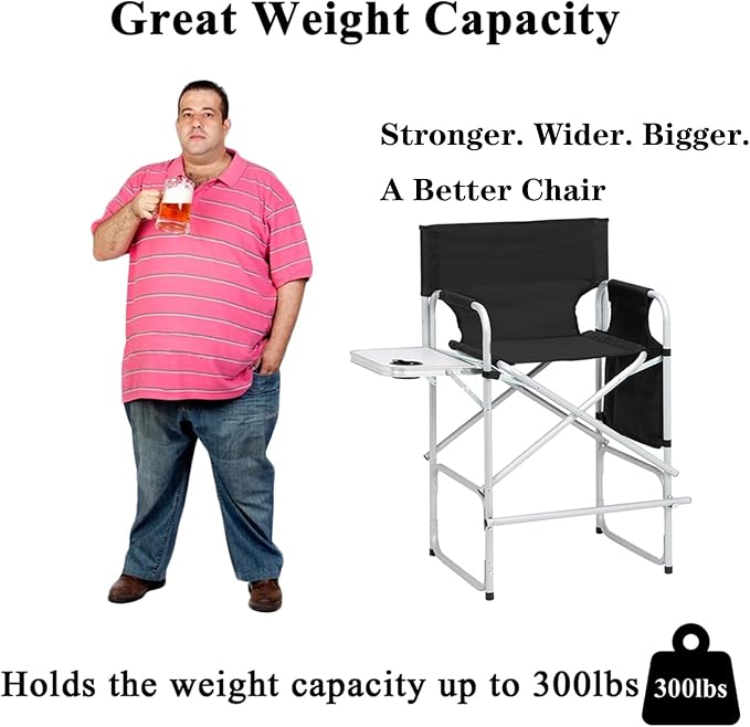 Tall Directors Chairs Foldable Makeup Artist Chair Seat Height 26.5 inches Heavy Duty Folding Camping Chair Outdoor Portable Director Chair with Side Table Storage Bag Cup Holder Footrest,Black