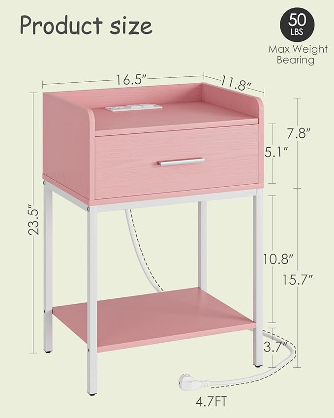 Nightstand with Charging Station,3-Tier Modern Bedside Table Night Stand with Storage Drawer and Open Shelf,Small End Side Table for Bedroom,Living Room,Pink