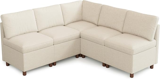 SITJOY Breakfast Nook Bench with Storage, Modular Corner Kitchen Banquette Seating, Dining Settee Couch, Upholstered Dining Bench with Back, Soft-to-Touch Fabric in Beige, 5-Seat L Shaped Nook