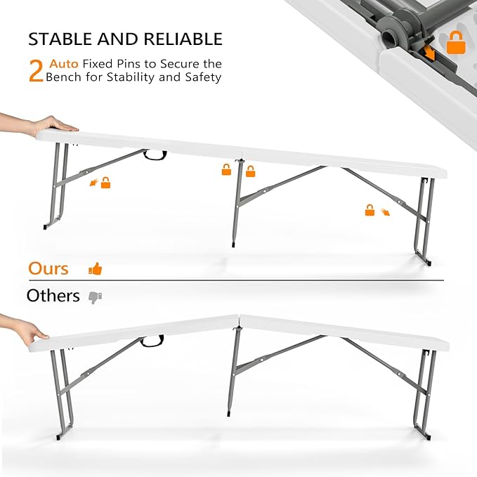 VINGLI 6 feet Plastic Folding Bench,Portable in/Outdoor Picnic Party Camping Dining Seat, Garden Soccer Multipurpose Entertaining Activities, Smooth HDPE Tabletop (1, White, 6ft)